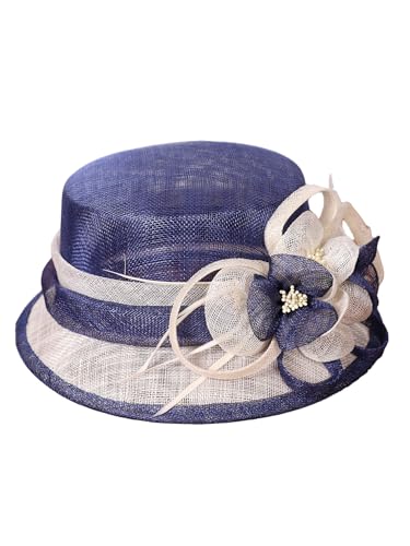 HIMESPORT Retro Sinamay Veil Flower Bride Wedding Fascinator Hat Feather Bowler Hat Hair Accessory Banquet Cocktail Party - color: Blue White