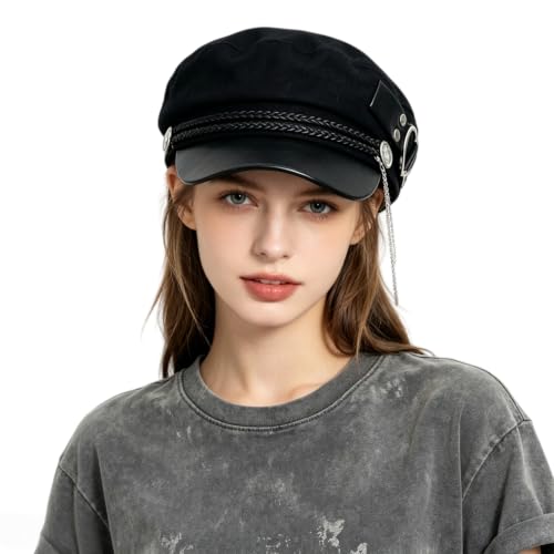 Women’s Black Newsboy Cap Gothic Beret with Chain Heart Buckle/Crown Accents Flat Top Visor Baker Boy Sailor Hat - color: Black With Heart Buckle Chain
