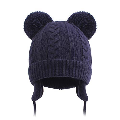 Duoyeree Toddler Winter Hat, Earflap Double Pom Pom Knit Beanie 0-36M - color: Poms-navy Blue, size: 0-6 Months