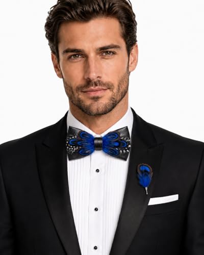 RBOCOTT Handmade Feather Pre-tied Bow tie and Brooch Sets for Men - color: Blue/Navy