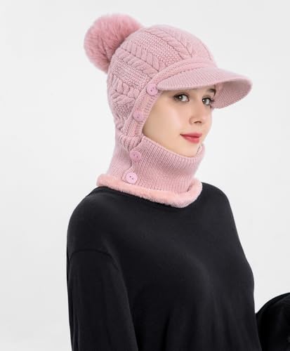 HUAMULAN Women Cable Knit Balaclavas Winter Fleece Lined Beanie Hat - color: Pink With Pompom