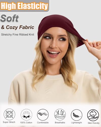 ROYBENS Thin 100% Cotton Beanie for Men Women Lightweight Slouchy Chemo Hat - color: 1pcs-wine Red
