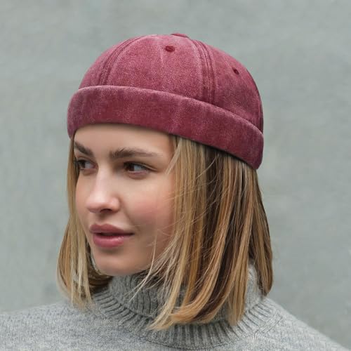 Initlove Docker Hat for Men Vintage Brimless Sailor Hat Beanie Cap - color: Green + Wine Red