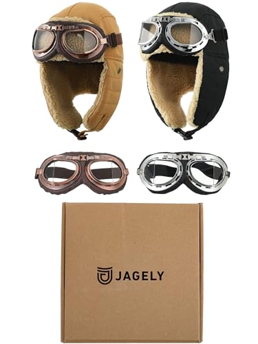 JaGely 4 Pcs Pilot Hat and Goggles Flight Costume Accessories Pilot Helmet Cap with Ear Flaps Hat Adults Winter - color: Black and Khaki, style: Classic