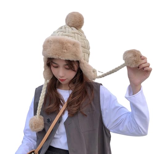 PENINSULA LOVE Women Peruvian Trapper Hat Faux Fur Ushanka Russian Hat Earflap Eskimo Beanie Winter Knitted Cap with Pompom - color: Beige