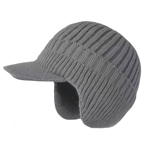 JHDESSLY Knit Beanies with Visor & Earflaps for Men and Women, Winter Hats Fleece Lined Hat Stocking Caps Soft Warm Headwear - color: Grey