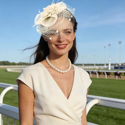 Semato Fascinators Hats for Women Mesh Feathers Elegant Champagne Tea Party Kentucky Hat Derby Headband with Hair Clip - color: Off-white