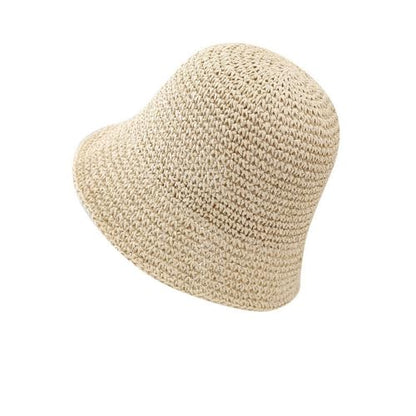 Women's Straw Bucket Hat Summer Mesh Woven Sun Beach Hat Foldable Fisherman Caps Hats - color: Beige