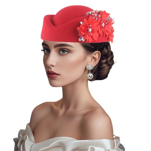 Women Vintage Church Hat Applique Felt Pillbox Hat Fascinator Tea Party Cap - color: Z1-red