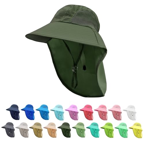 Rosoz Kids Sun Hat with Neck Flap UV Protection Summer Toddler Beach Hat Unisex Ponytail Hat Wide Brim Fishing Hat - color: 1pack-dark Green