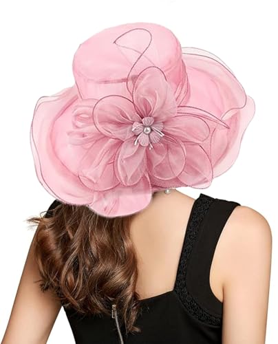 Organza Fascinator Hat - Women’s Wide Brim Church Bridal Tea Party Wedding Hat - color: 02a-pink-purple