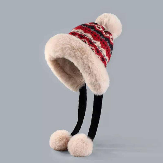 Fashion Knit Pullover Hat Women's Winter Earflap Hat Cap Fleece-Lined Thickened Windproof Vintage Hat - color: Khaki
