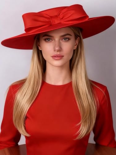 Wide Brim Hats for Women Big Bowknot Formal Occasion Kentucky Cap Lady Wedding Cocktail Party Flat Top Fedoras - color: Red