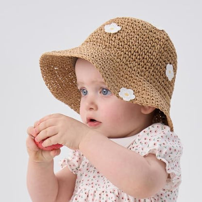 pureborn Baby Toddler Girls Straw Sun Hat Summer Beach Hat - color: Khaki Daisy, size: 6-24 Months
