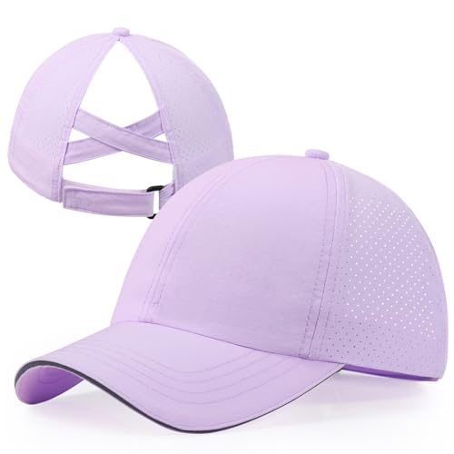Girls Criss Cross Ponytail Hat Mesh Baseball Cap Kids Quick Dry Ponycap Hats Outdoor Summer Sports Hat Age 7-12 - color: Purple