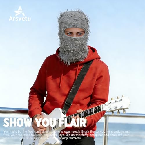 Distressed Ski Mask Balaclava, Yeat Shiesty Knitted Full-Face Mask - color: Gray