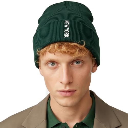 Daxton Vertical USA Cities Cuffed Beanie, Winter Knit Hat Skully Cap for Men Women, City Pride Daily Headwear - color: New York Hunter White