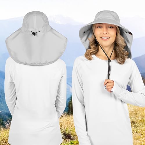 SUN CUBE Wide Brim Sun Hat with Neck Flap for Men Women, UPF50+ Fishing - color: Light Grey