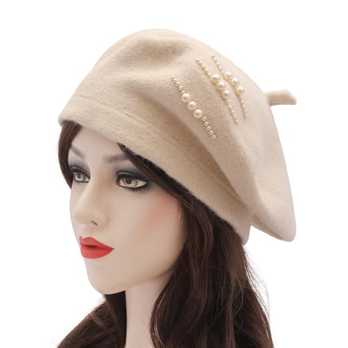 ZLYC Women French Beret Hat Winter Knitted Stretchable Beret Artist Cap - color: Side Pearls Beige