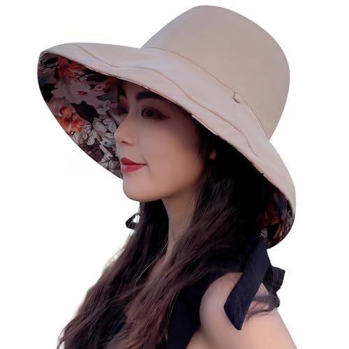 Women Bohemian Reversible Sun Hat Wide Brim Fishing Hats - color: Khaki Floral