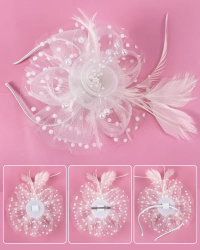 Girls Tea Party Fascinators Hats Girls Church Hats 20s 50s Pillbox Hat Cocktail Mesh Flower Pearl Feather Headband - color: White