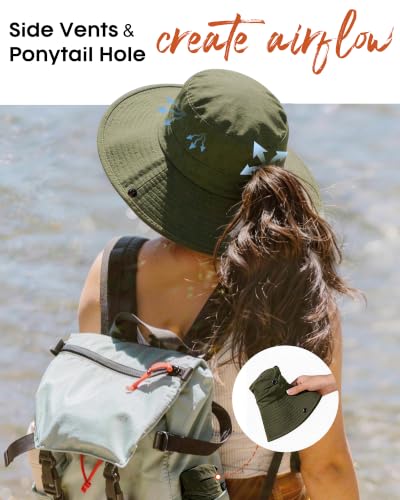 FURTALK Sun Hats for Women Wide Brim Bucket Hat Ponytail Hole Outdoor UPF - color: Green