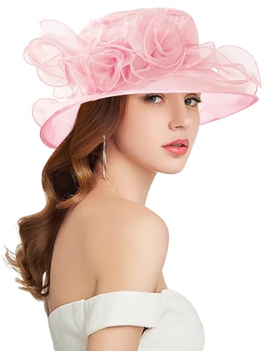 Women Derby Fascinator Hat Organza Church Wedding Hats Wide Brim Cocktail Tea Party Hat - color: 12 Elegant Pink
