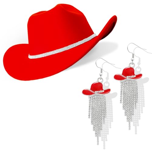 Cowboy Hat Rhinestone Cowgirl Boots Earrings Set Western Earring Felt Fedora Jazz Hat Rodeo Outfit for Women Size M - color: Tassel Red