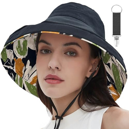 vidsel Womens Sun Hats Wide Brim Reversible Bucket Cotton Hat with Hat Clip - color: Black2, size: Medium
