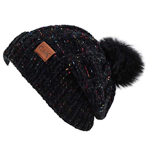 Women and Men Beanie Daily Winter Oversized Thick Stretchy Knitted Pom Pom Beanie Fleece Lined Beanie Hat - color: 3. Chenille Black