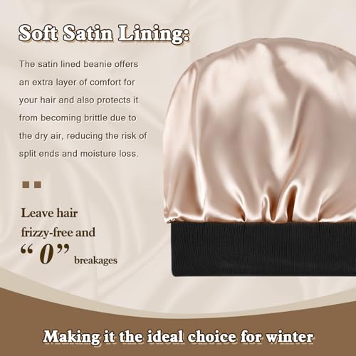 Satin Lined Winter Beanie Hat, Unisex Soft Knit Warm Skull Cap - color: Black