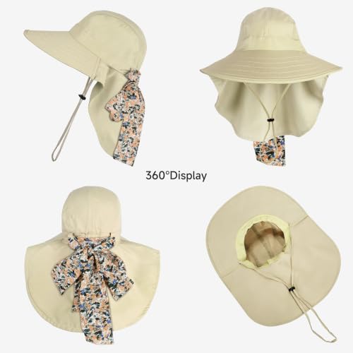 Solaris UPF 50+ Wide Brim Sun Hat for Women - Small Size Packable Lightweight, Floral Scarf Cooling Hat with Neck Flap - color: Tan