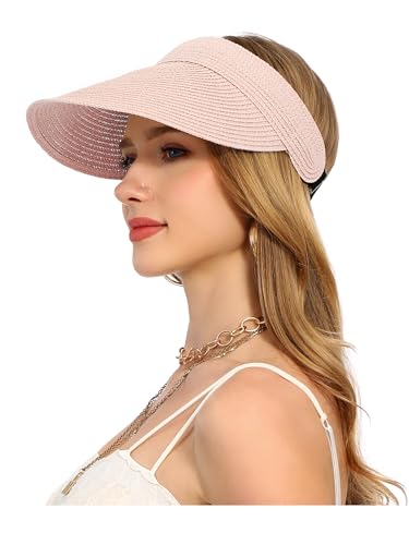 sy soul young Women's Beach Straw Hat with Ponytail Hole Packable Sunhat - color: Pink
