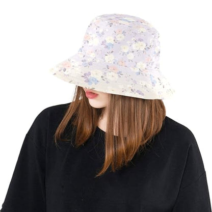 Lavender Floral Print Reversible Wide Brim Bucket Hat for Women