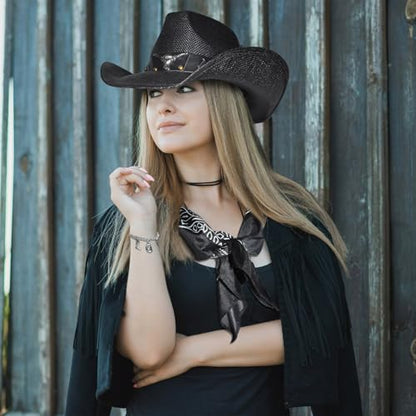 Black Straw Cowboy Hat Western with Bracelet Decorative Bands and Bandana, Hat Size Fits 22.04 to 22.83, Wide Brim, Stylish & Durable Cowboy Hat - Unisex Western Hat for All Occasions