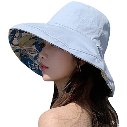 HUAMULAN Wide Brim Women Summer Sun Floppy Hat Reversible Beach Bucket Hat - color: M1744-lightblue