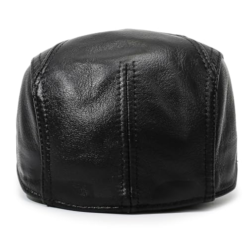 Men's Lambskin Leather Newsboy Flat Cap Gatsby Ivy Cap Driving Hat - color: Black