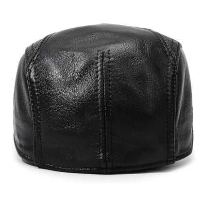 Men's Lambskin Leather Newsboy Flat Cap Gatsby Ivy Cap Driving Hat - color: Black