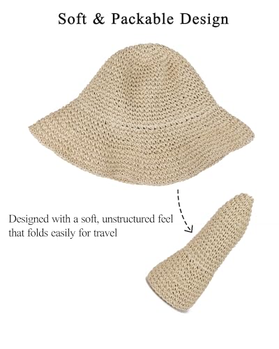 Womens Crochet Straw Sun Hat Foldable Floppy Wide Brim Beach Hat for Summer - color: Beige