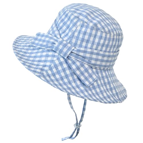 Women's Summer Plaid Sun Hat 100% Cotton Beach UV Protection Fishing Hat - color: Blue