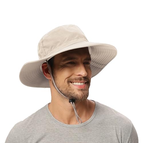 Rosoz Sun Hat for Men Women Boonie Bucket Hat Wide Brim Breathable Cooling Fishing Hats Safari Beach Garden UV Protection - color: 1 Pack Beige