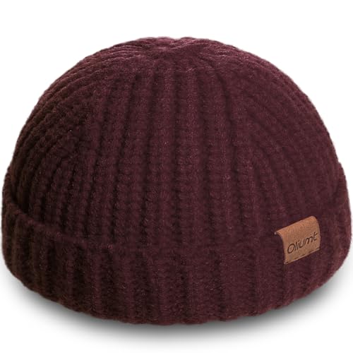 Fisherman Short Beanie Hats for Men, Knit Skull Cap Cuff Trawler Hat Mens Stylish Watch Cap Winter Warm Hat for Daily Wear - color: Wine Red