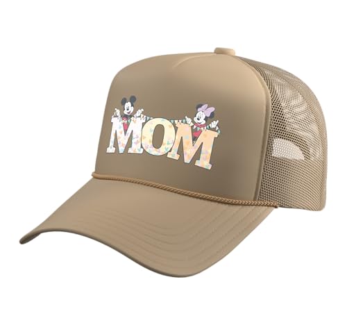 Disney Mom Mickey & Minnie Pastel Letters Family Disney Trip Trucker Hat with Adjustable Mesh Back - color: Khaki