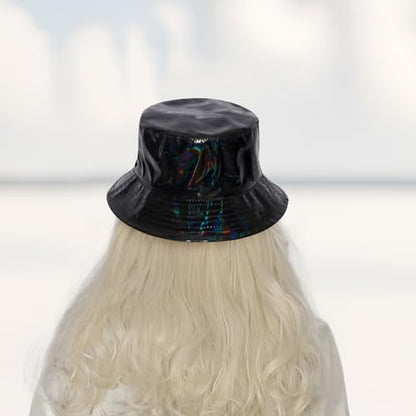 MILAKOO Rave Hologram Metallic Bucket Hat Reversible Cap Reflective Waterproof Rain Fisherman Hat - color: A: Black
