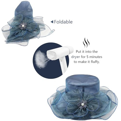 AQOKKA Women Organza Church Fascinators Kentucky Derby Hats for Women and Girls Wedding Flower Tea Party Hat with Wide Brim - color: Simulated Flower : Navy
