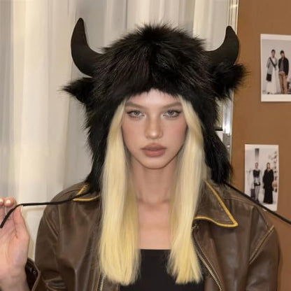 Winter Plush Hat with Horns Faux Fur Animal Trapper Hat Ox Ears Beanie for Halloween Xmas Carnival Cosplay - color: Black