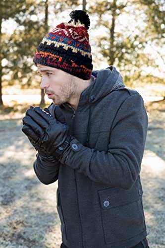 TINKUY Peru Alpaca Wool Winter Beanie, Handmade Bobble Hat, Unisex, One Size - color: Black