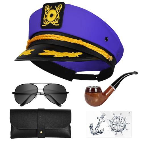 dodowin Captain Sailor Hat Set for Women Men, Yacht Rock Party Costume 4pcs - style: Purple Captain Hat Set