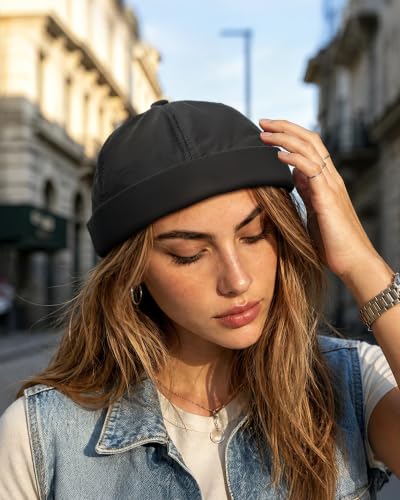 Clakllie Quick Dry Brimless Docker Cap for Men Summer Beanie Sailor Skullcap Lightweight Waterproof Adjustable No Brim Hat - color: S-ct81-black