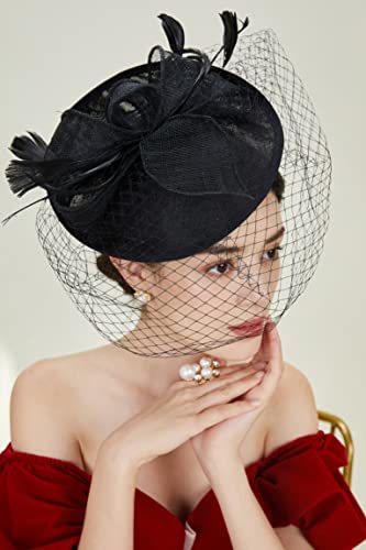 BABEYOND Fascinators Hats for Women Pillbox Kentucky Hat with Feather Veil - color: Black